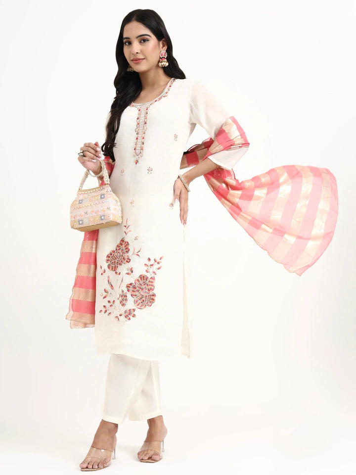 White Solid Straight Style Chanderi Silk Lining Kurta Trouser Dupatta Set