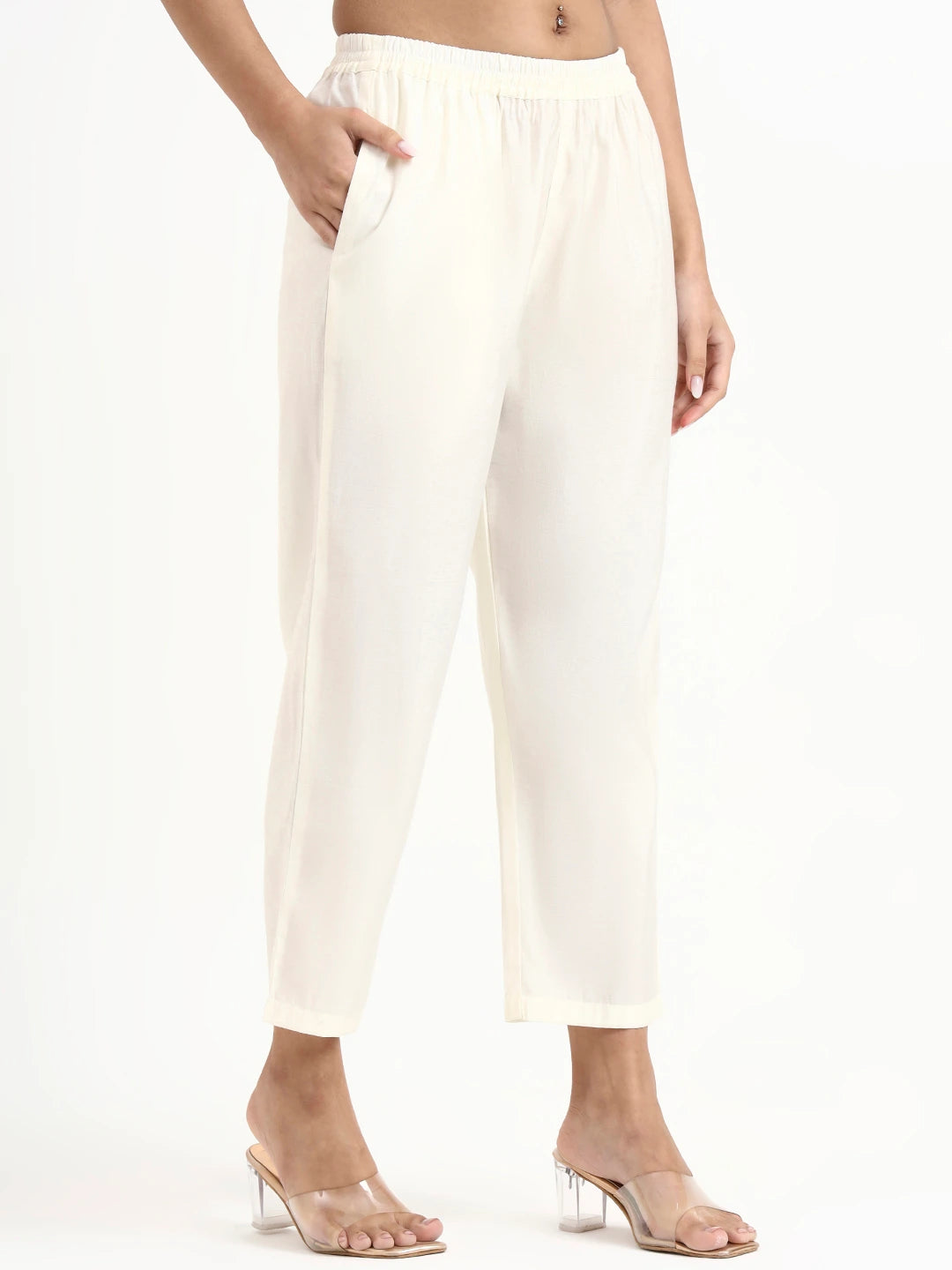 White Solid Straight Style Chanderi Silk Lining Kurta Trouser Dupatta Set