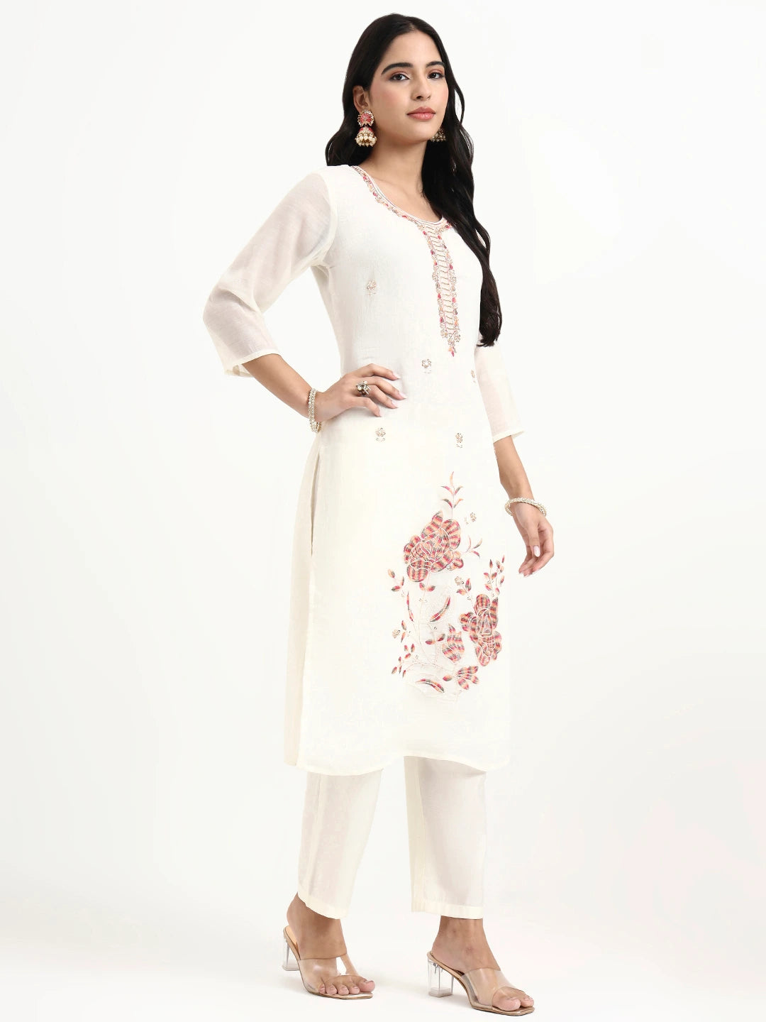 White Solid Straight Style Chanderi Silk Lining Kurta Trouser Dupatta Set