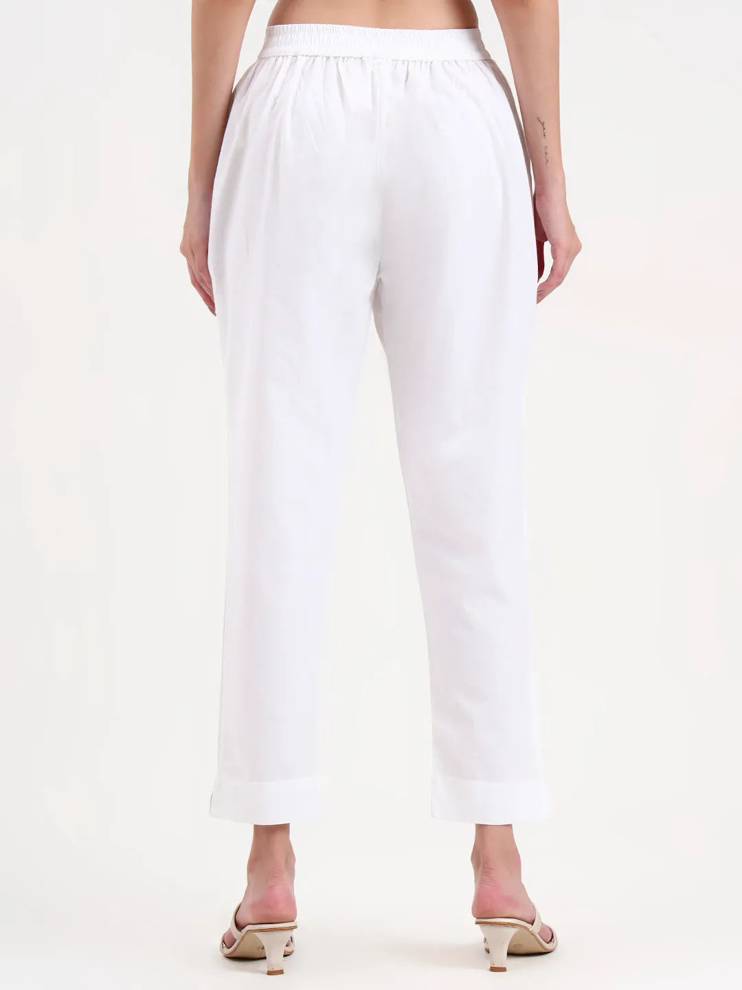 White Woven Cotton Flex Trousers Slim Fit Regular Pant-Yufta Store-4207PNTWHM