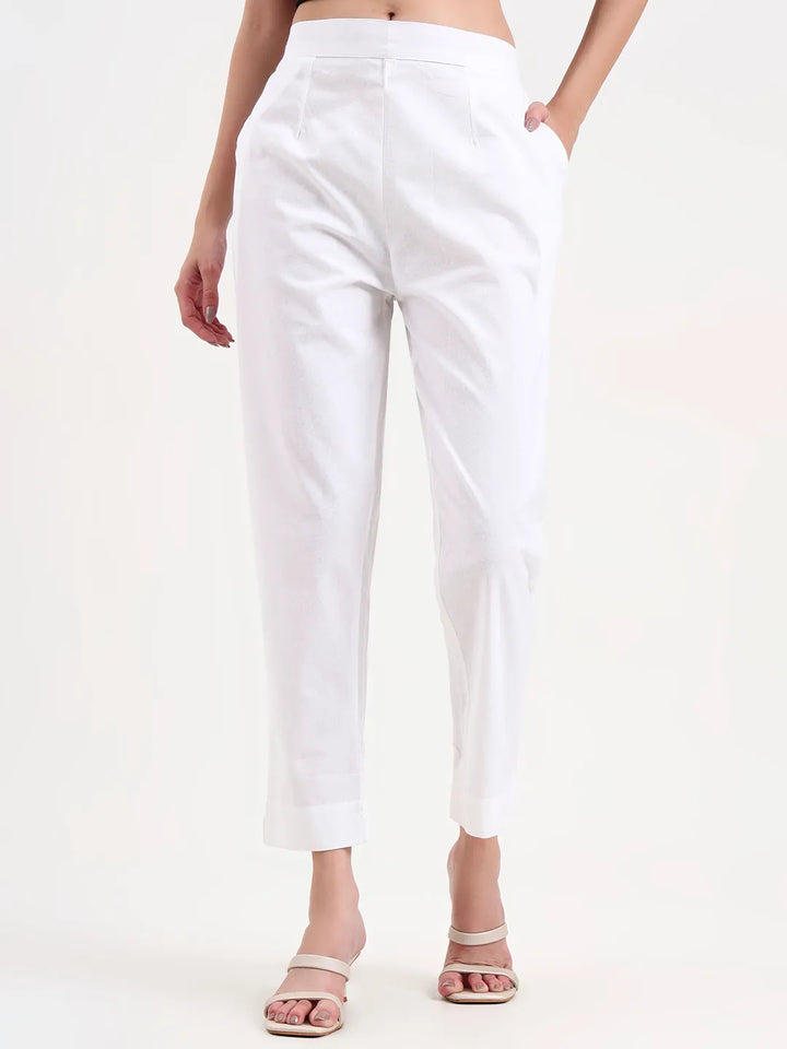 White Woven Cotton Flex Trousers Slim Fit Regular Pant-Yufta Store-4207PNTWHM