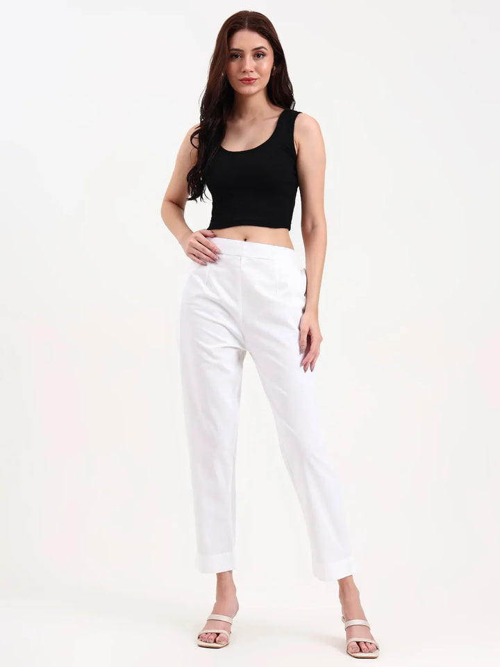 White Woven Cotton Flex Trousers Slim Fit Regular Pant-Yufta Store-4207PNTWHM