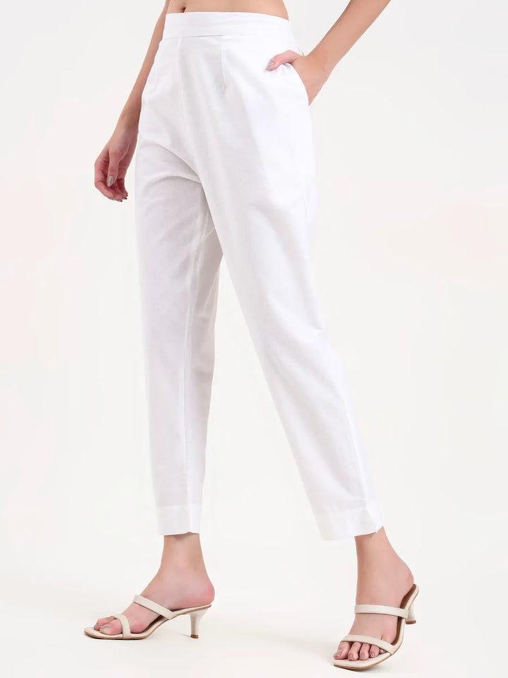 White Woven Cotton Flex Trousers Slim Fit Regular Pant-Yufta Store-4207PNTWHM