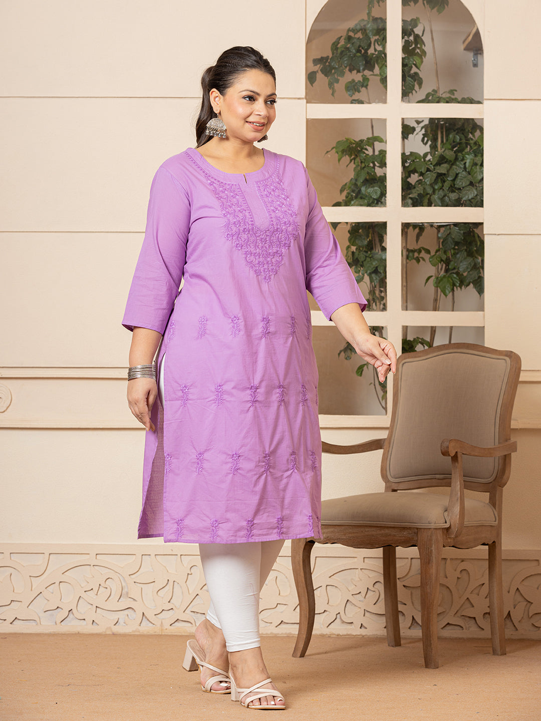 Women Lavender Floral Straight Plus Size Kurta