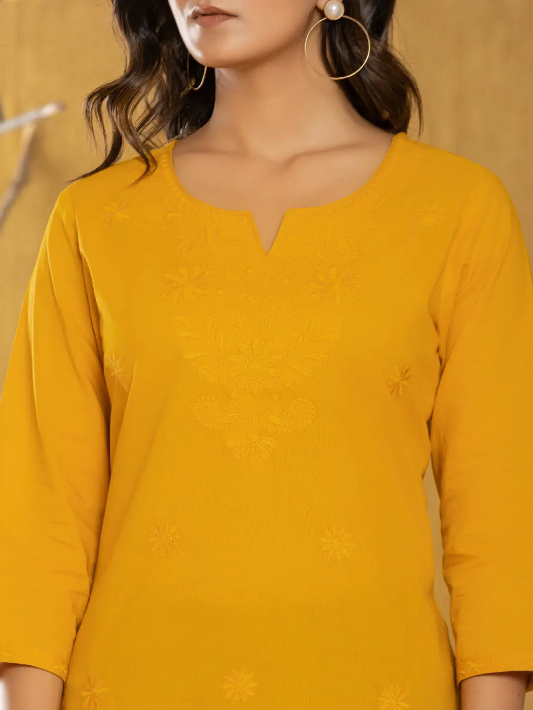 Women Mustard Chikankari Striped Regular Top-Yufta Store-1861TOPMSS