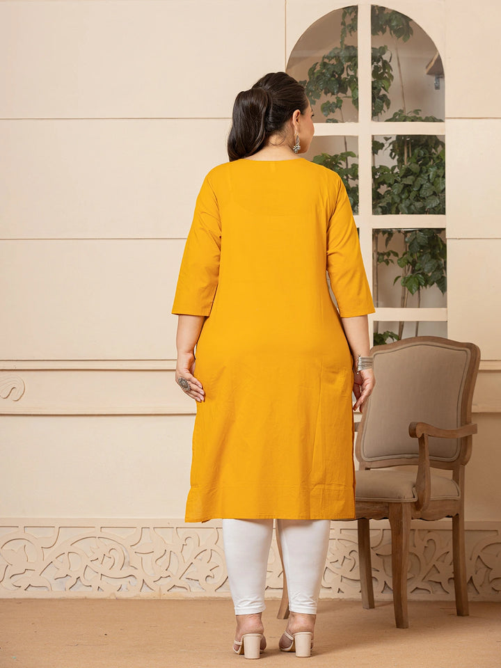 Women Mustard Floral Straight Plus Size Kurta