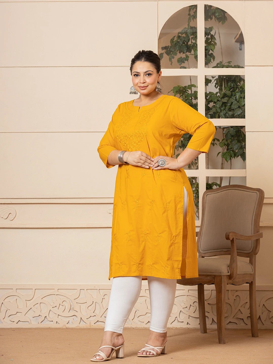 Women Mustard Floral Straight Plus Size Kurta