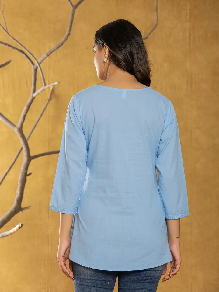 Women Sky Blue Chikankari Striped Regular Top-Yufta Store-1861TOPSBS