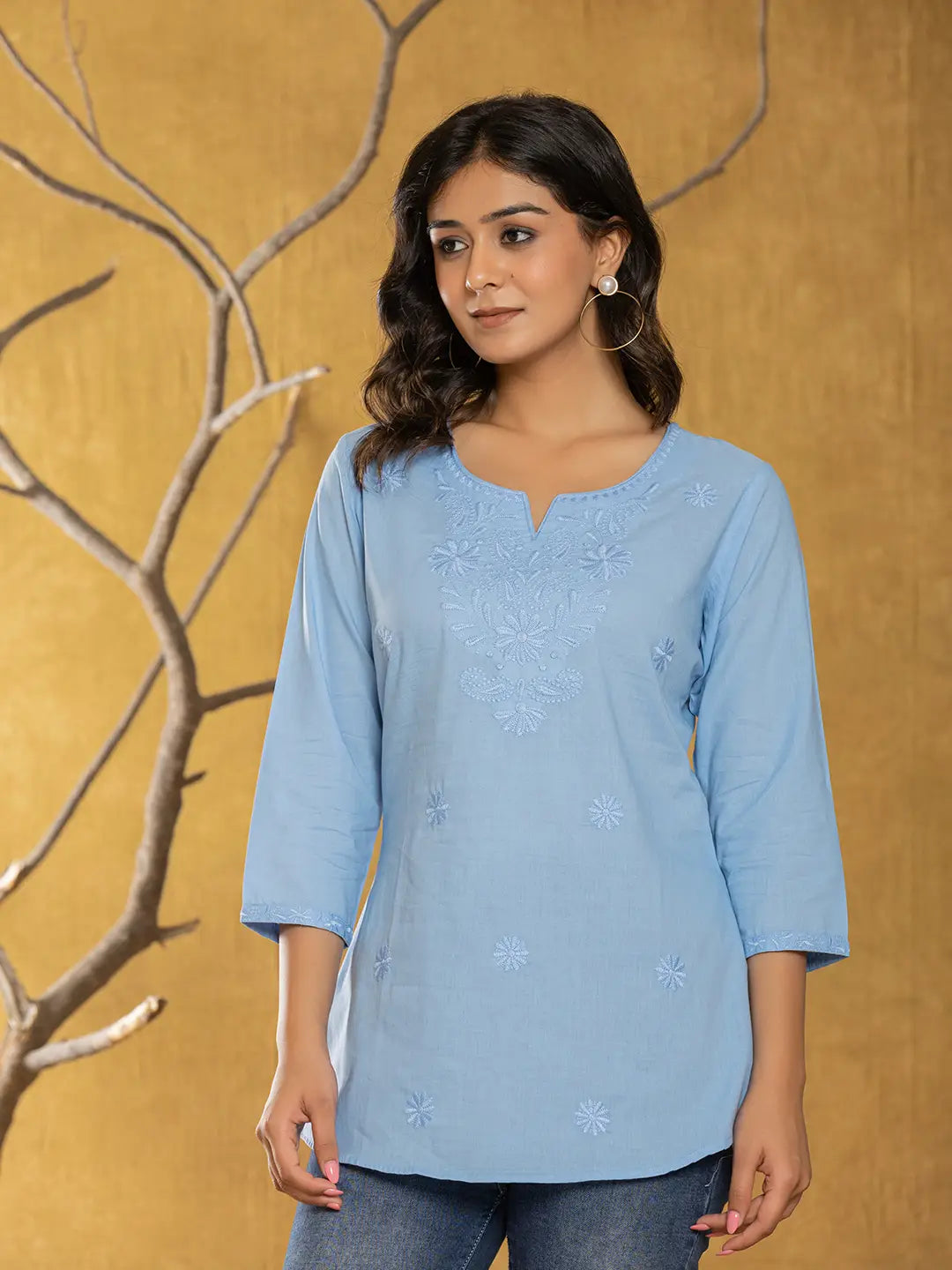 Women Sky Blue Chikankari Striped Regular Top-Yufta Store-1861TOPSBS