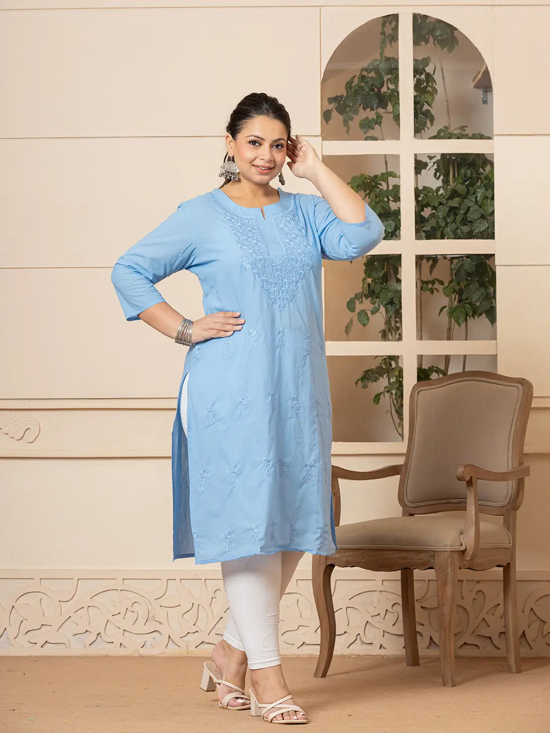 Women Sky Blue Floral Straight Plus Size Kurta – Yufta Store