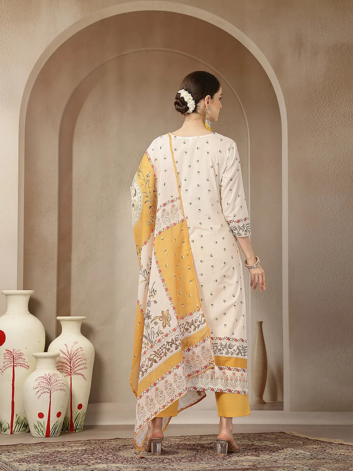 Yellow And Off White Cotton Straight Beads And Stones Kurta Dupatta Set