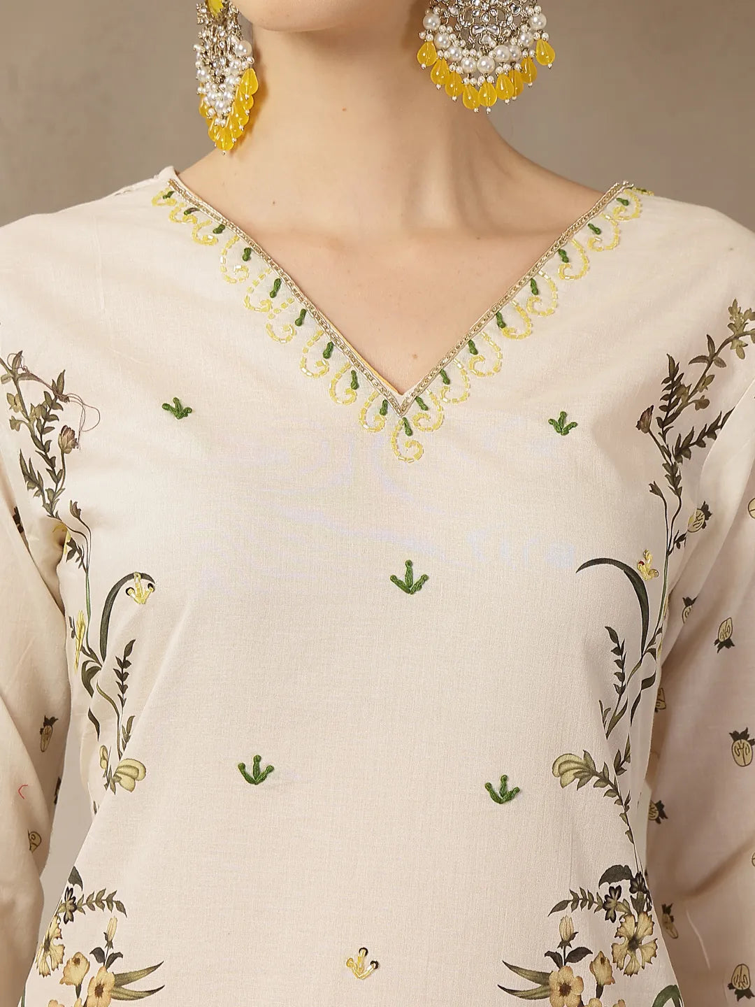 Yellow And Off White Cotton Straight Beads And Stones Kurta Dupatta Set