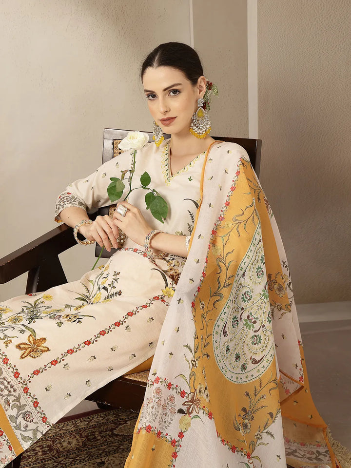 Yellow And Off White Cotton Straight Beads And Stones Kurta Dupatta Set