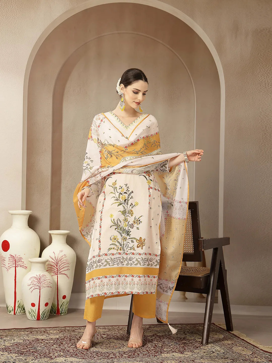 Yellow And Off White Cotton Straight Beads And Stones Kurta Dupatta Set