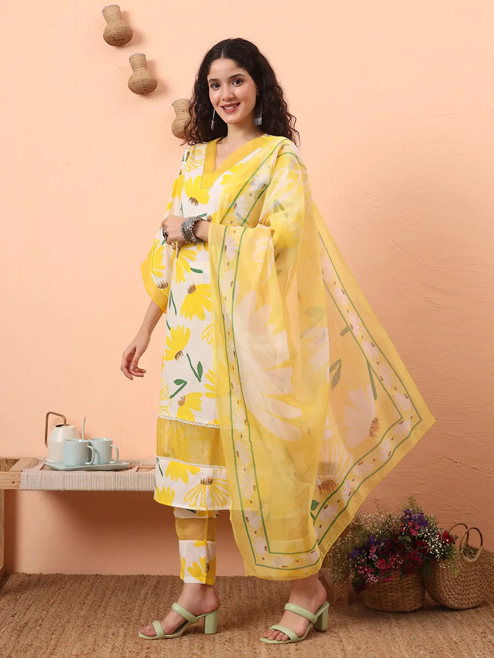 Yellow And White Floral Kantha Work Straight Kurta Trouser Dupatta Set-Yufta Store-6310SKDYLM