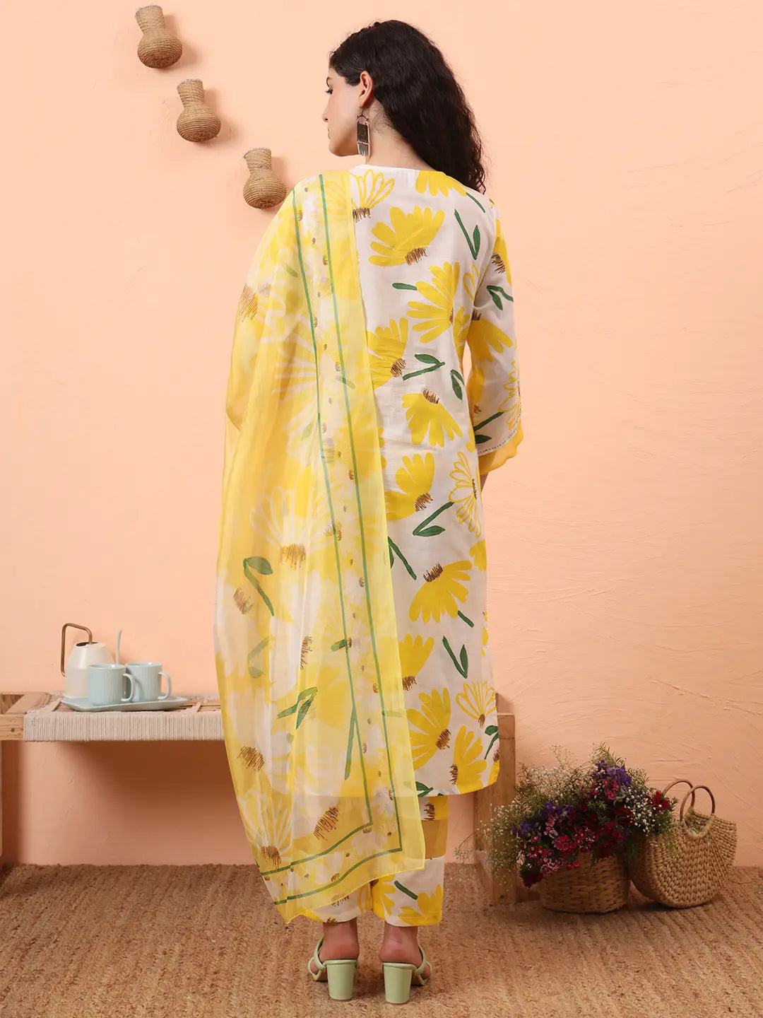 Yellow And White Floral Kantha Work Straight Kurta Trouser Dupatta Set-Yufta Store-6310SKDYLM