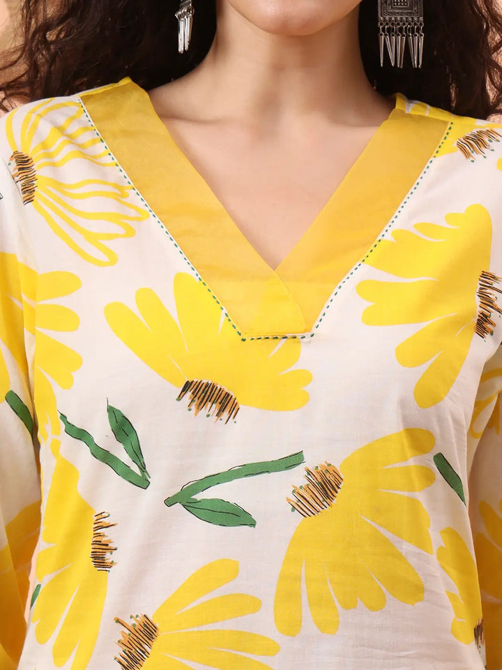 Yellow And White Floral Kantha Work Straight Kurta Trouser Dupatta Set-Yufta Store-6310SKDYLM