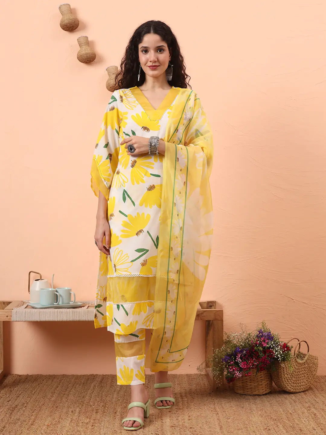 Yellow And White Floral Kantha Work Straight Kurta Trouser Dupatta Set-Yufta Store-6310SKDYLM