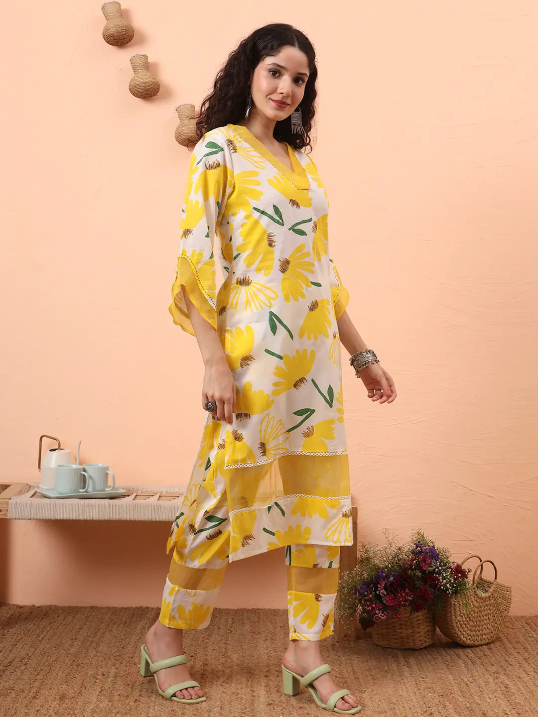 Yellow And White Floral Kantha Work Straight Kurta Trouser Dupatta Set-Yufta Store-6310SKDYLM