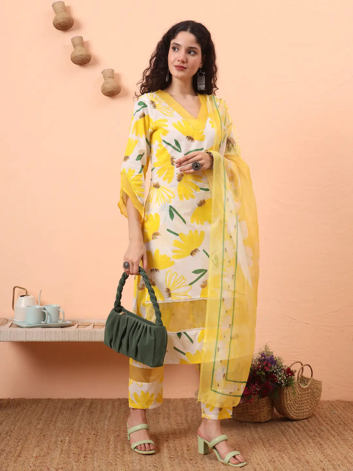 Yellow And White Floral Kantha Work Straight Kurta Trouser Dupatta Set-Yufta Store-6310SKDYLM