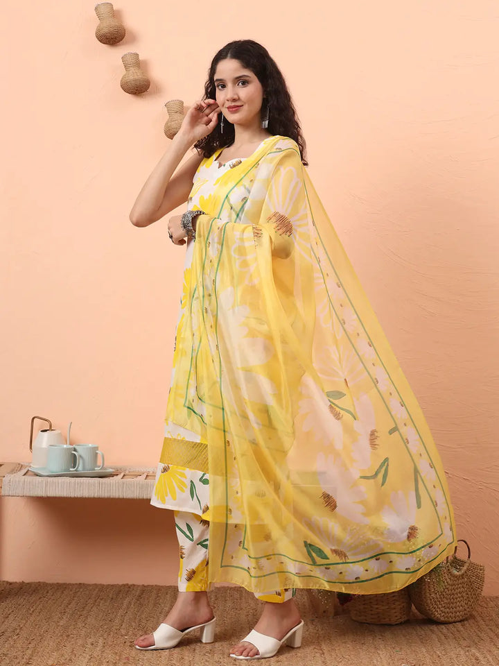 Yellow And White Floral Straight Kurta Trouser Dupatta Set-Yufta Store-6311SKDYLS
