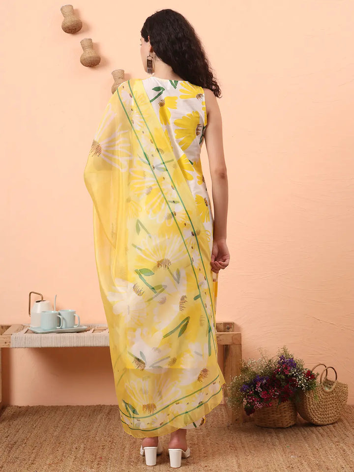 Yellow And White Floral Straight Kurta Trouser Dupatta Set-Yufta Store-6311SKDYLS