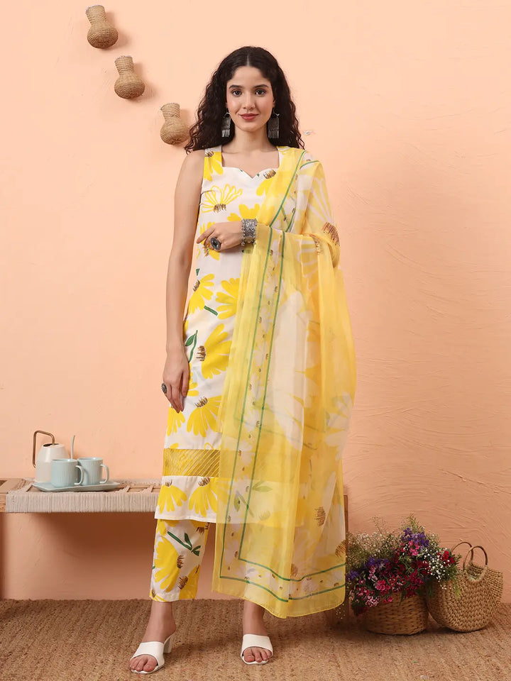 Yellow And White Floral Straight Kurta Trouser Dupatta Set-Yufta Store-6311SKDYLS