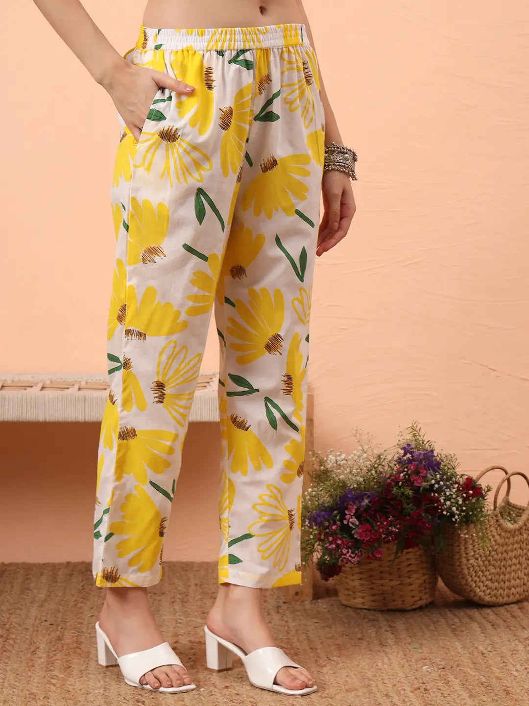 Yellow And White Floral Straight Kurta Trouser Dupatta Set-Yufta Store-6311SKDYLS