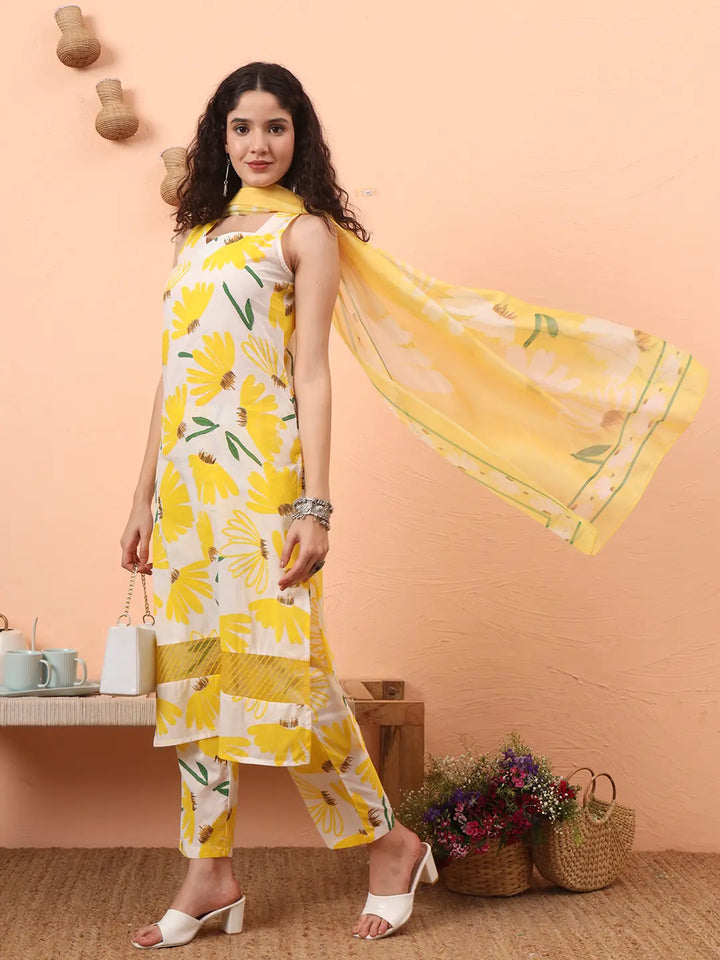 Yellow And White Floral Straight Kurta Trouser Dupatta Set-Yufta Store-6311SKDYLS