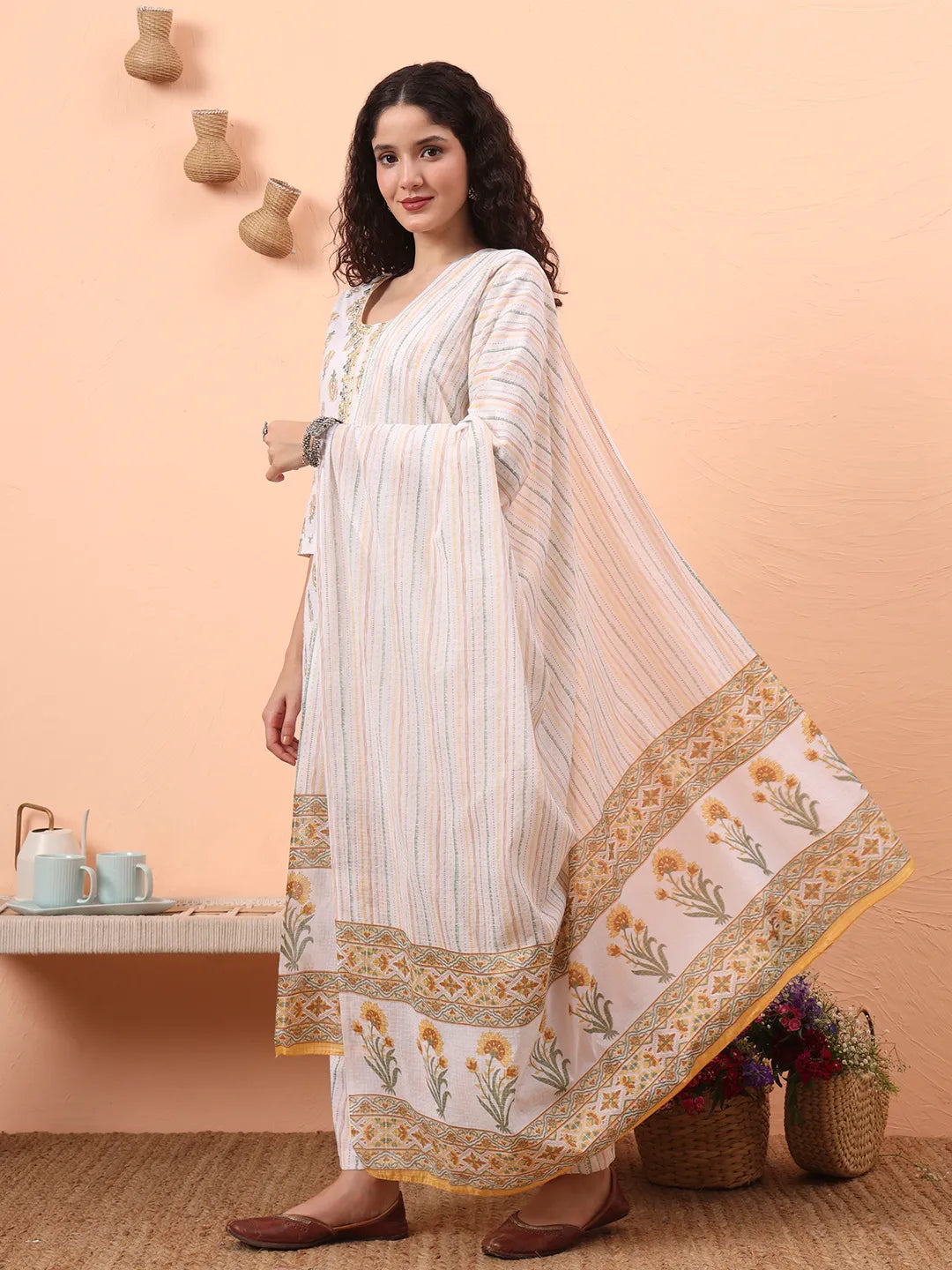 Yellow And White Pure Cotton Kurta Dupatta Pant Set