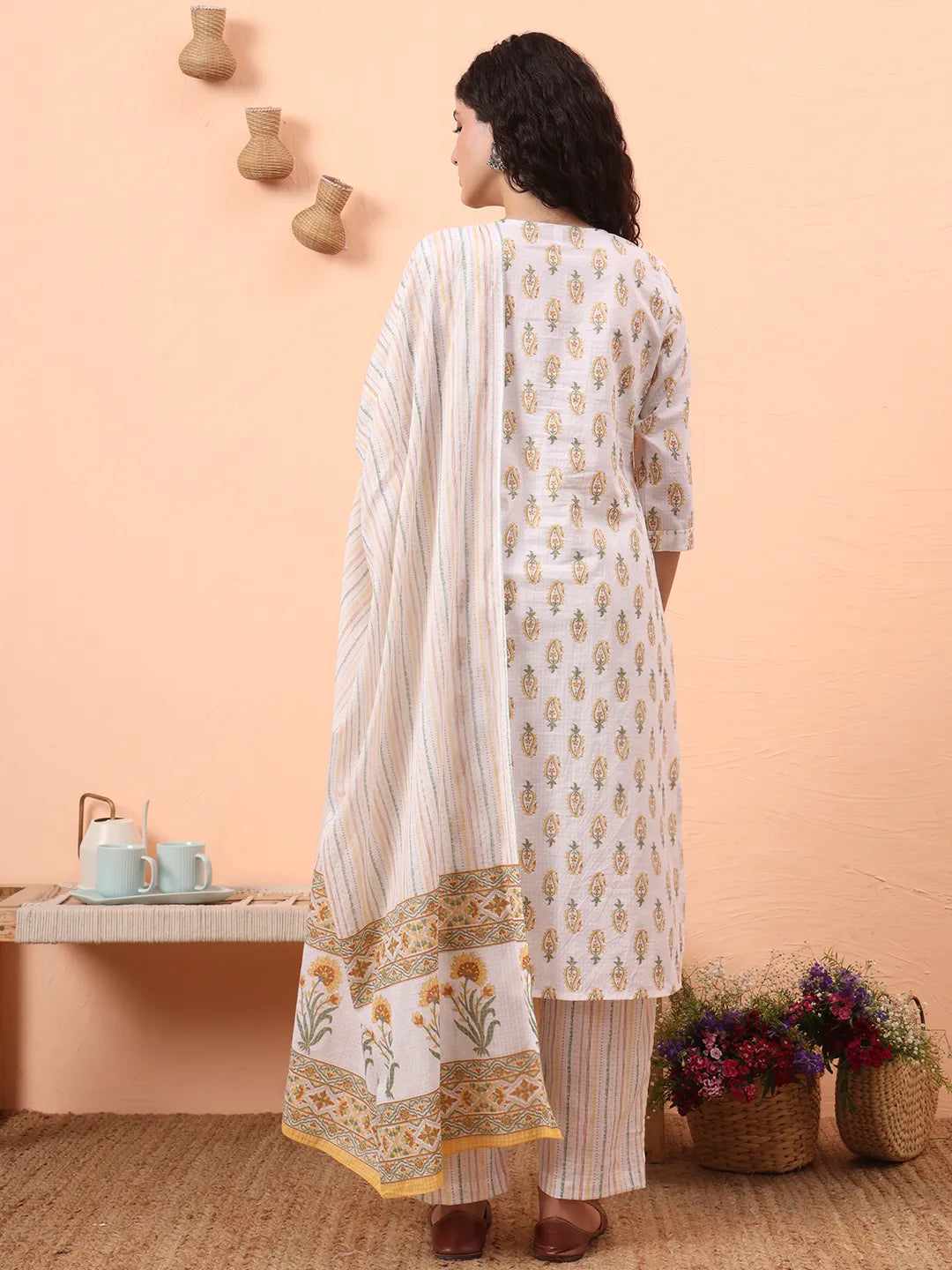 Yellow And White Pure Cotton Kurta Dupatta Pant Set