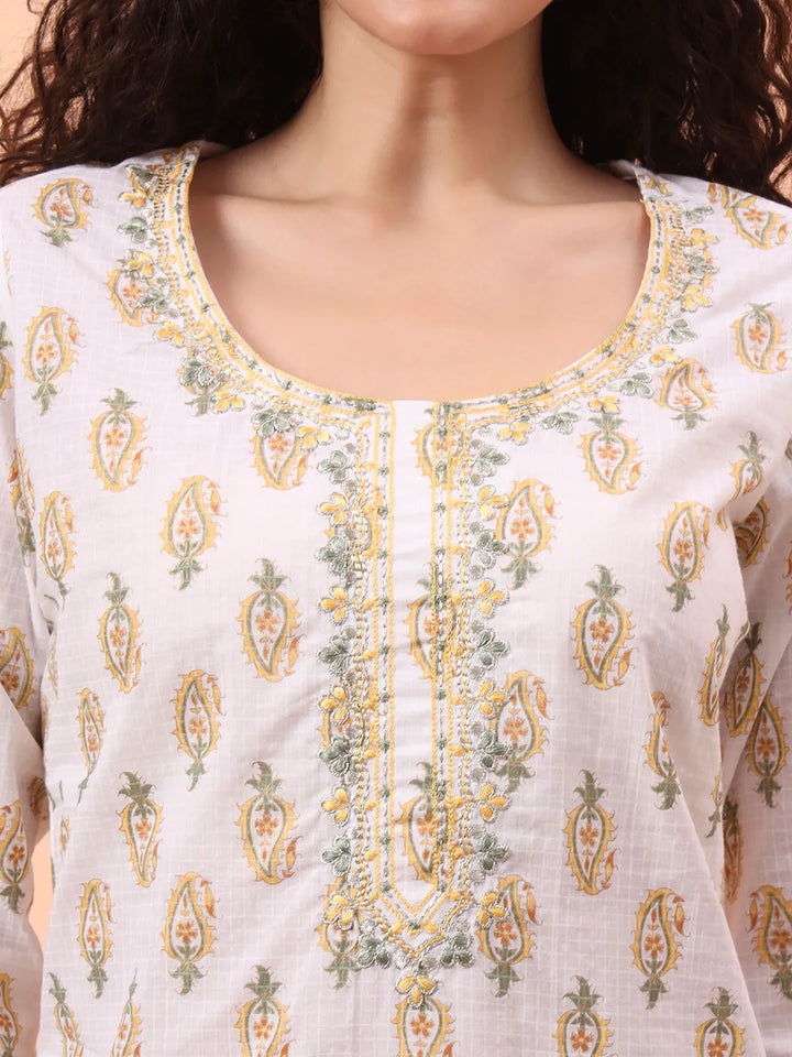 Yellow And White Pure Cotton Kurta Dupatta Pant Set