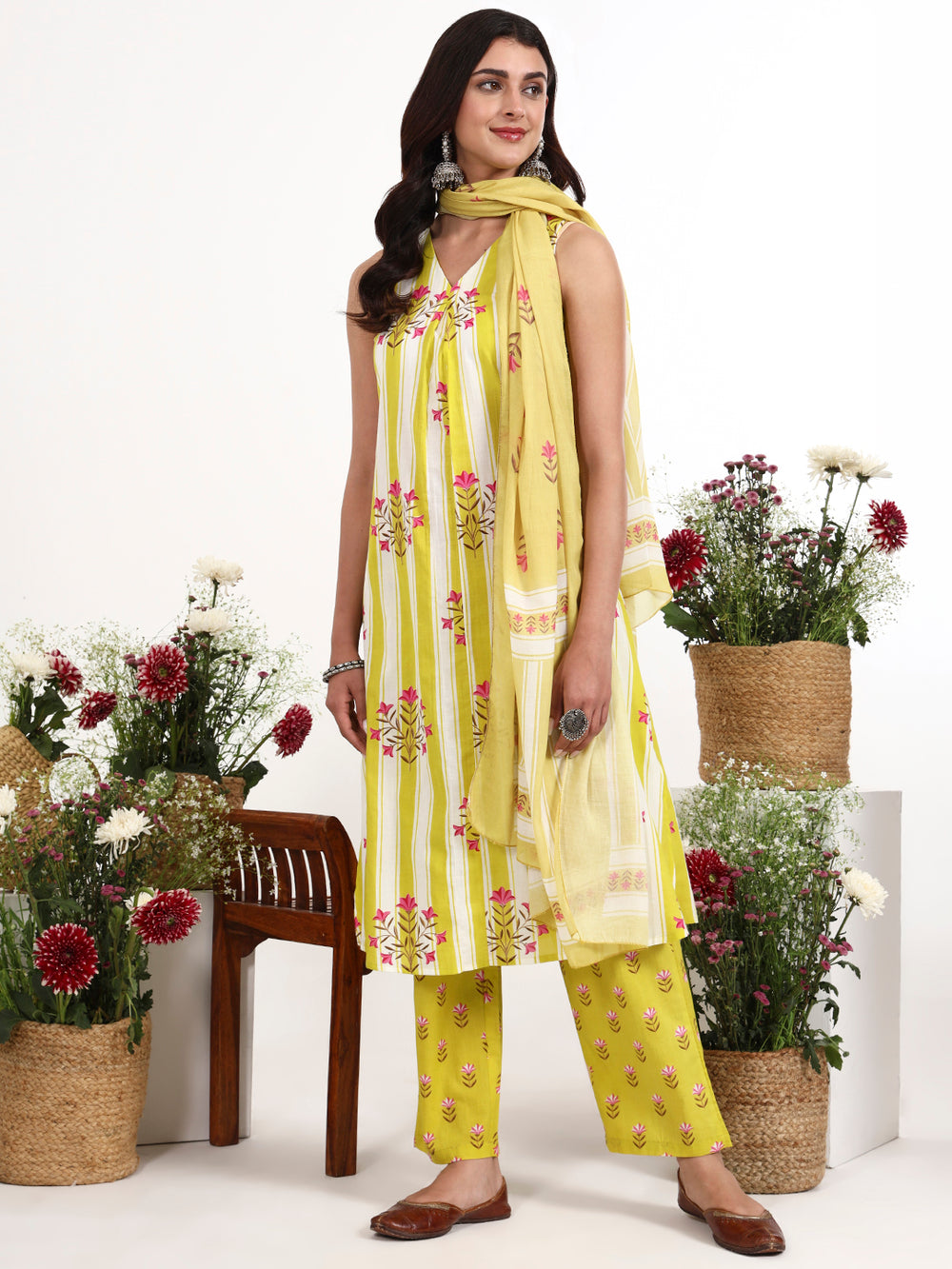 Yellow And White Striped A-Line Design Kurta Trouser Dupatta Set-Yufta Store-7460SKDYLS
