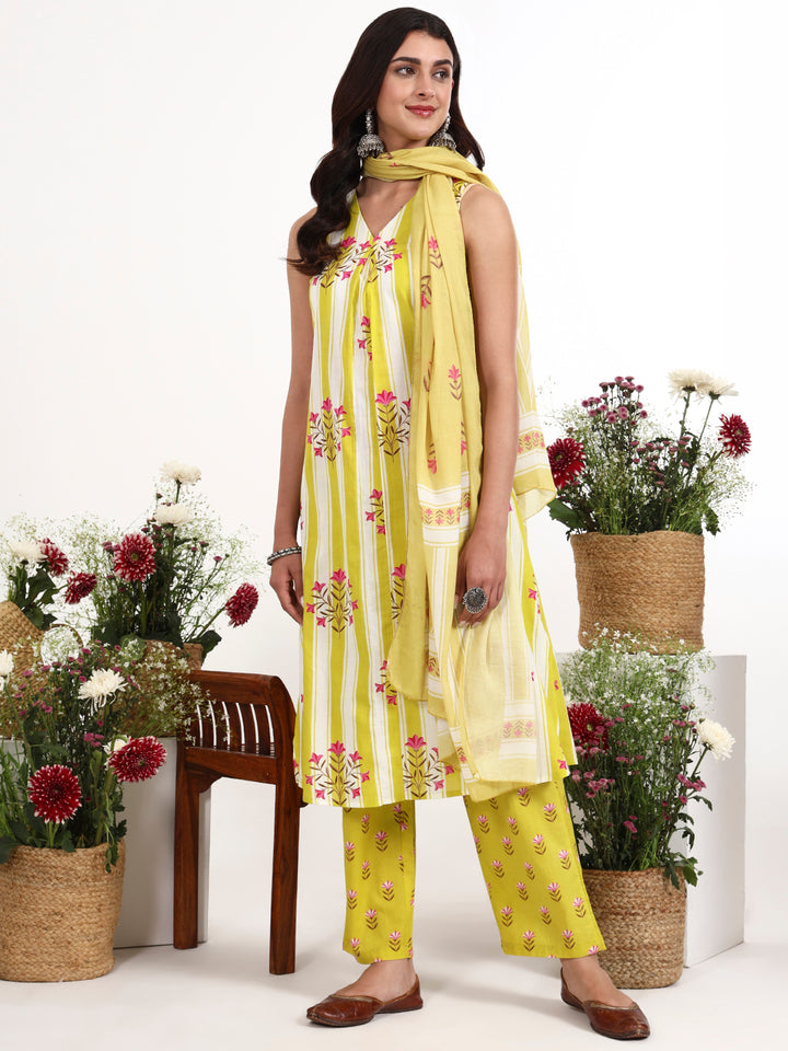 Yellow And White Striped A-Line Design Kurta Trouser Dupatta Set-Yufta Store-7460SKDYLS