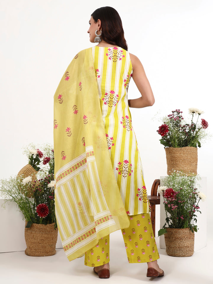 Yellow And White Striped A-Line Design Kurta Trouser Dupatta Set-Yufta Store-7460SKDYLS