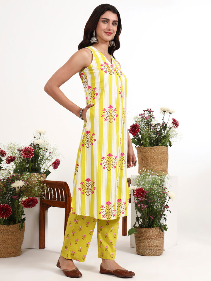 Yellow And White Striped A-Line Design Kurta Trouser Dupatta Set-Yufta Store-7460SKDYLS