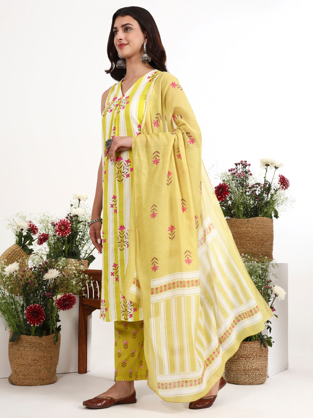 Yellow And White Striped A-Line Design Kurta Trouser Dupatta Set-Yufta Store-7460SKDYLS