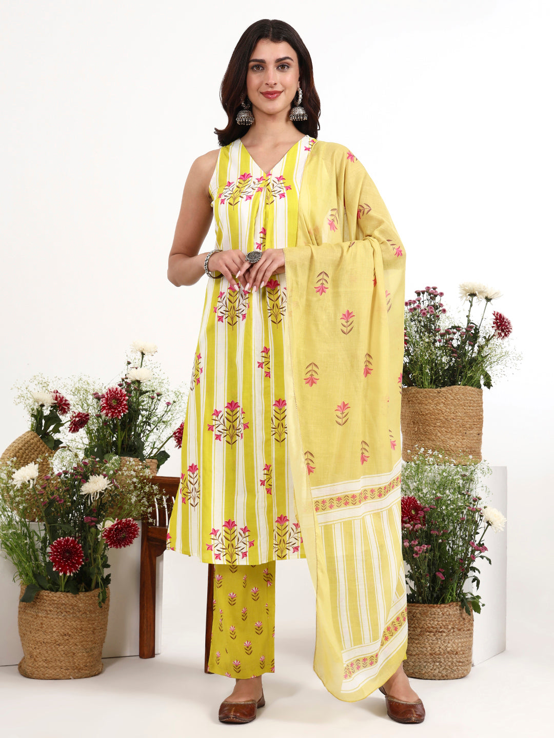 Yellow And White Striped A-Line Design Kurta Trouser Dupatta Set-Yufta Store-7460SKDYLS