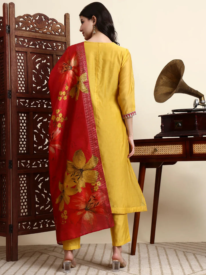 Yellow Chanderi A Line Dori Embroidery Kurta Set With Pant And Dupatta