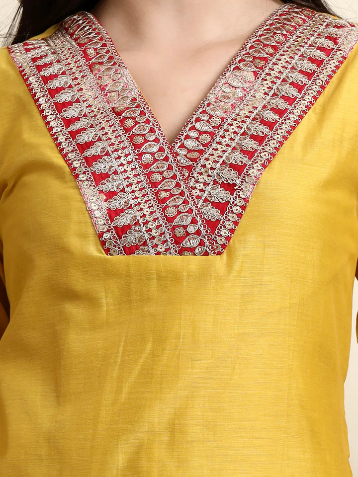 Yellow Chanderi A Line Dori Embroidery Kurta Set With Pant And Dupatta
