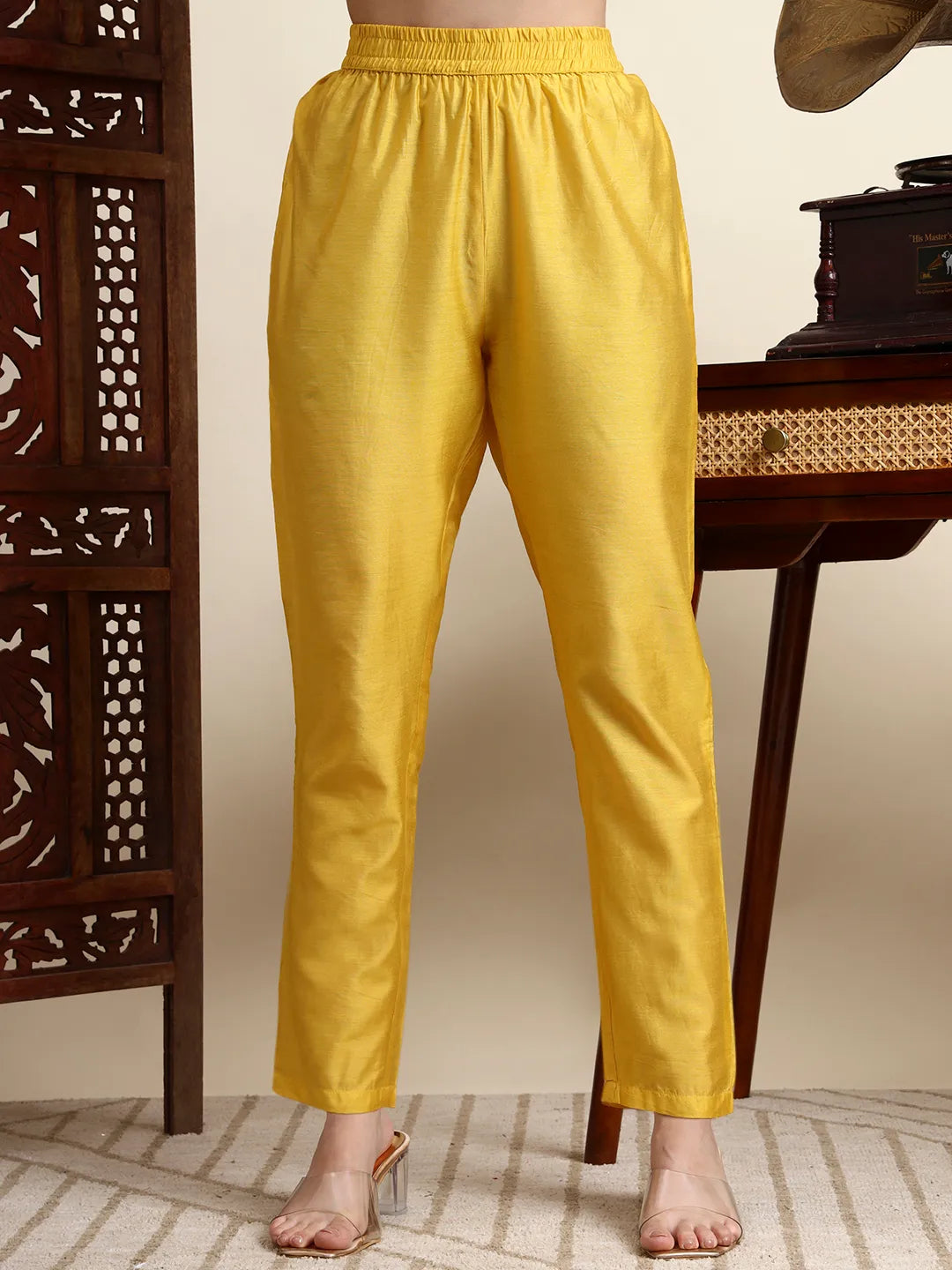 Yellow Chanderi A Line Dori Embroidery Kurta Set With Pant And Dupatta