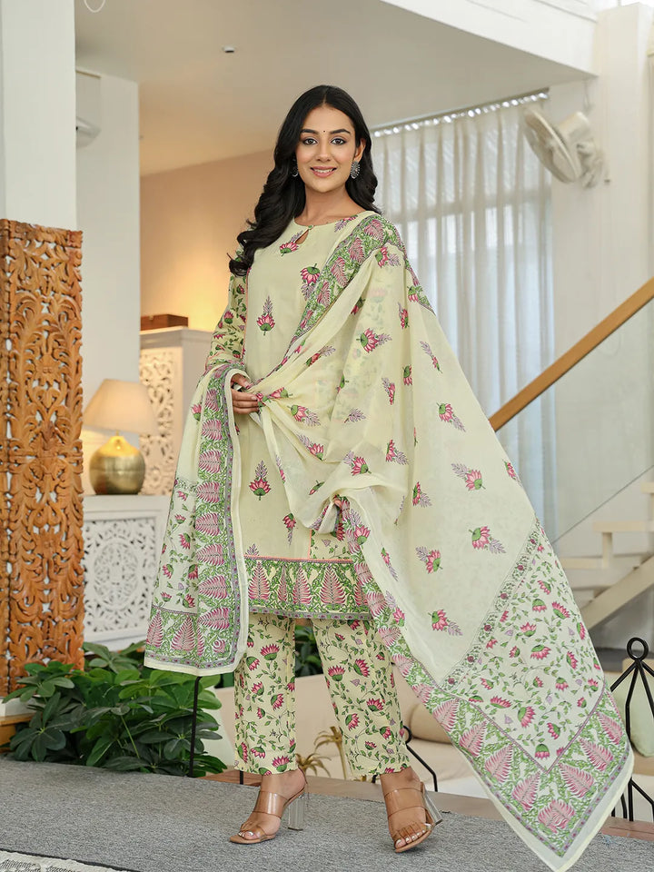 Yellow Cotton A Line Kurta Dupatta Set-Yufta Store-6357SKDYLM