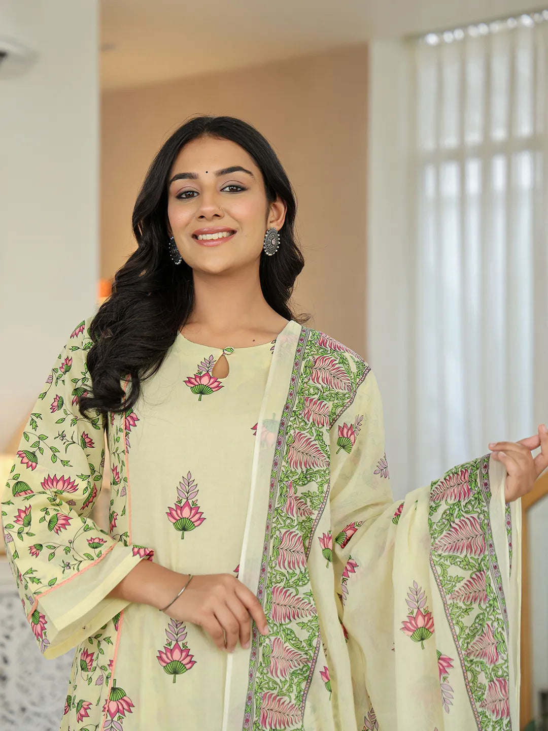 Yellow Cotton A Line Kurta Dupatta Set-Yufta Store-6357SKDYLM