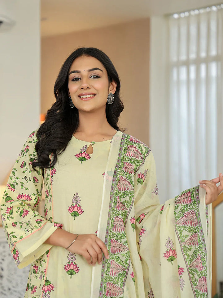 Yellow Cotton A Line Kurta Dupatta Set-Yufta Store-6357SKDYLM