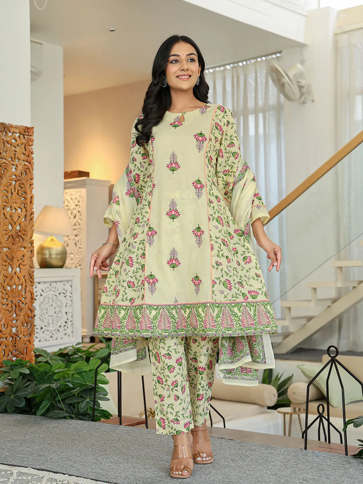 Yellow Cotton A Line Kurta Dupatta Set-Yufta Store-6357SKDYLM