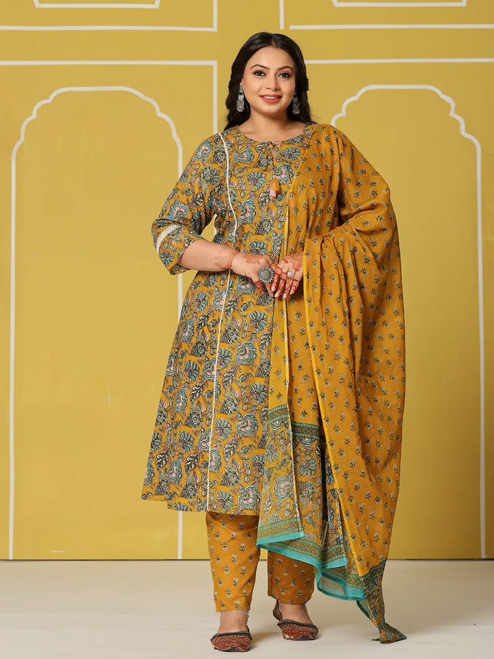 Yellow Cotton A-Line Plus Size Kurta Set