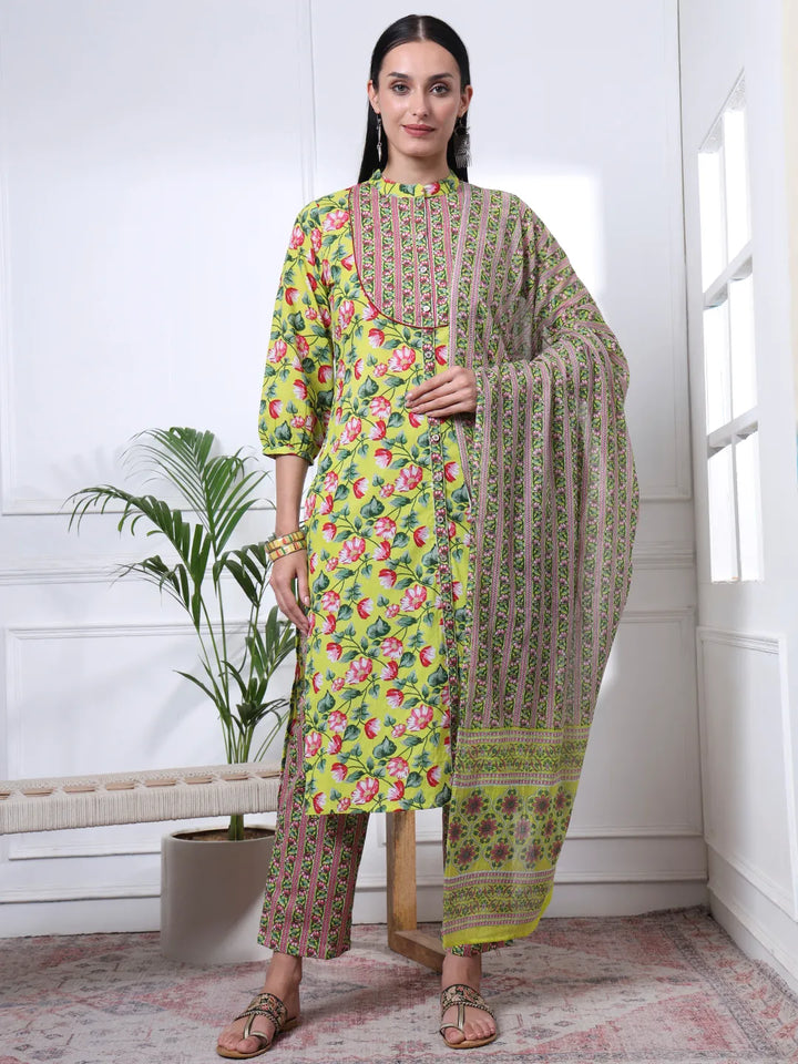 Yellow Cotton Blue Straight Kurta Dupatta Pant Set