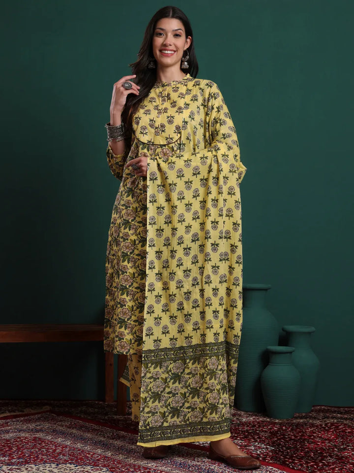 Yellow Cotton Floral Print Sequins Work Kurta Pants Dupatta Set