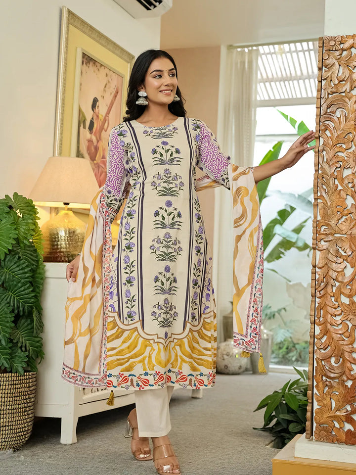 Yellow Cotton Straight Floral Print Beads And Stones Kurta Dupatta Set