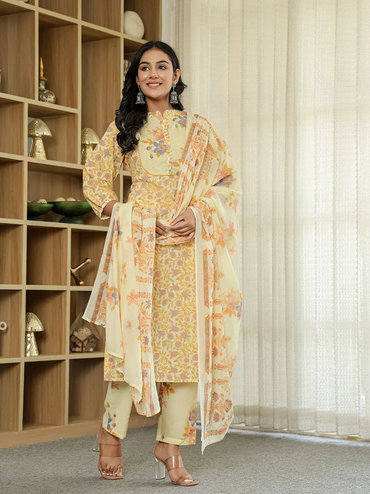 Yellow Cotton Straight Floral Sequins-Work Kurta Dupatta Set